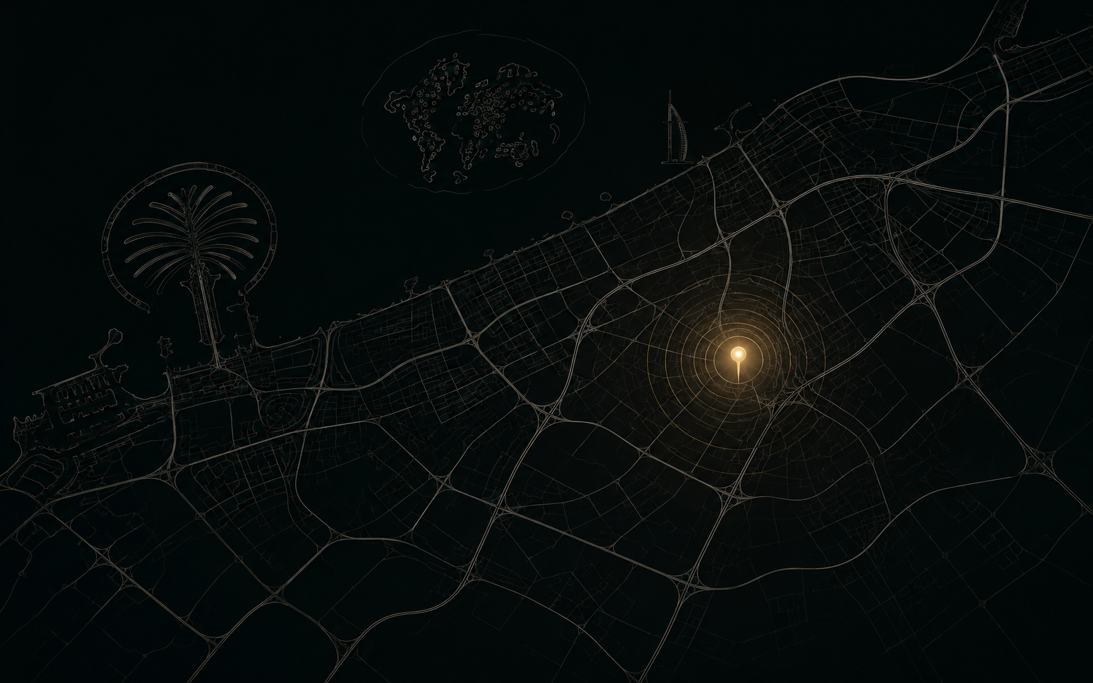 Abstract map of Dubai with a glowing location marker